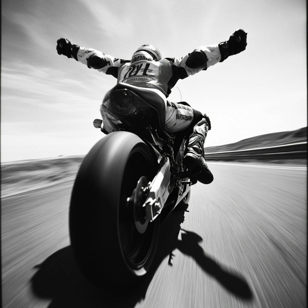 A Race Motorcycle Driver With Arms Wide Open, Not Holding The Handle, With High Speed, Sideshot, Hasselblad, 1