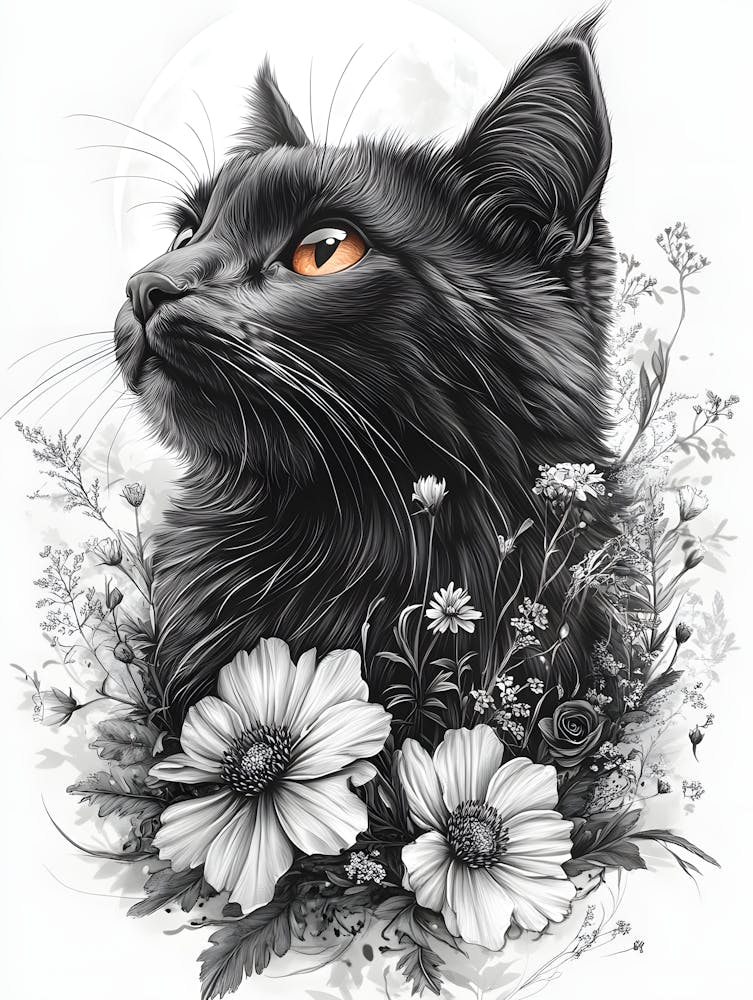 Black Cat With Flowers 1