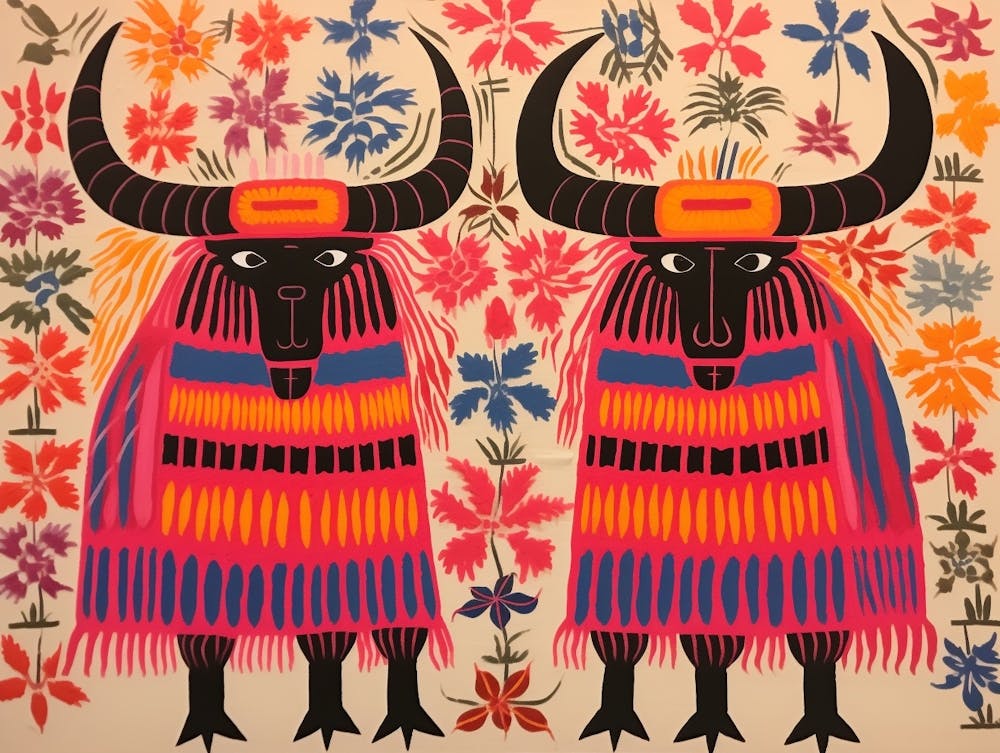 Yak 2 Folk Style Animal Illustration