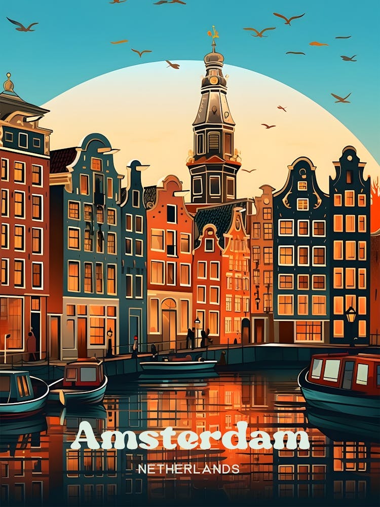 Amsterdam Netherlands Night time Cityscape Travel Illustration