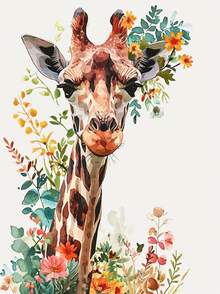 Giraffe With Flowers Watercolour 3
