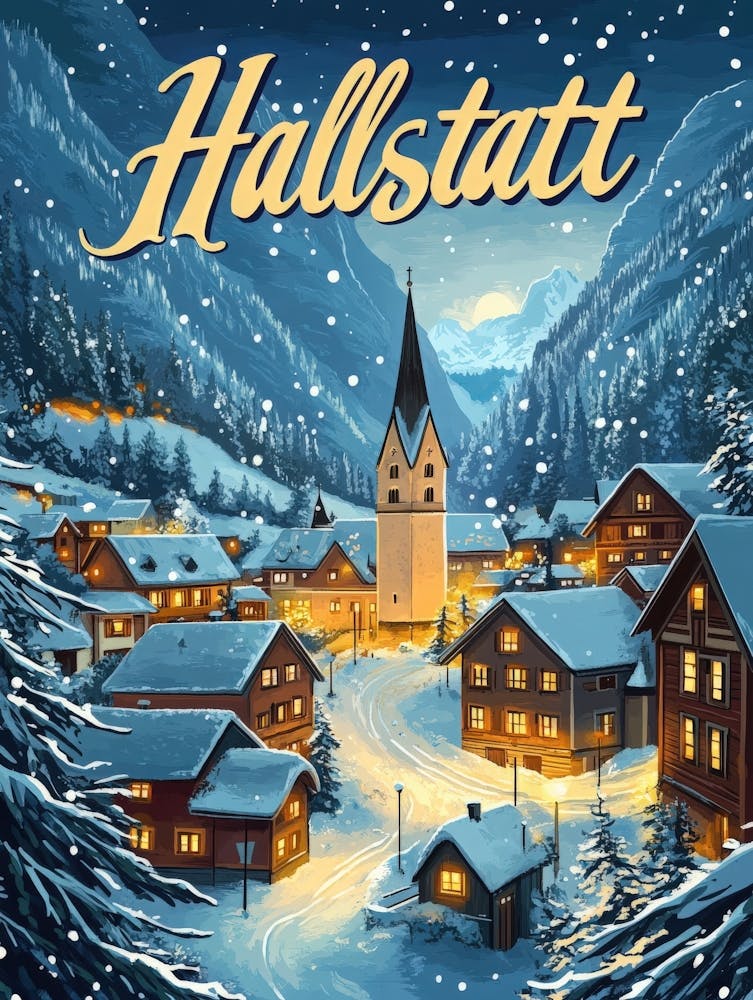 Aihrgdesign A Mid Century Modern Travel Poster For Hallstatt