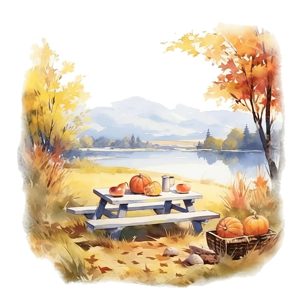 Watercolor Autumn Picnic Table