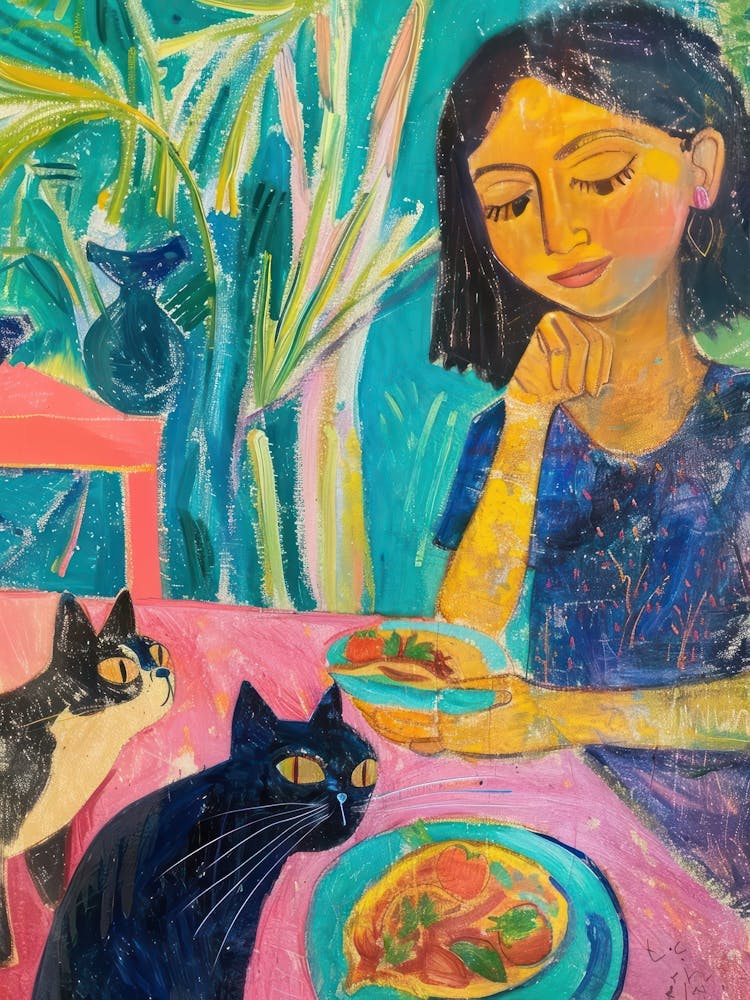 Portrait Of A Girl With Cats Eating A Fruit Salad 1