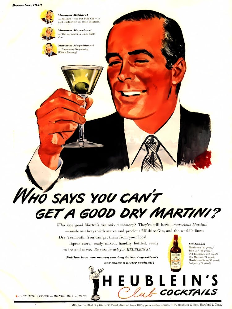 Good Dry Martin, Heublein's Club Cocktail, Happy Man with a Glass, Vintage Advertising Poster