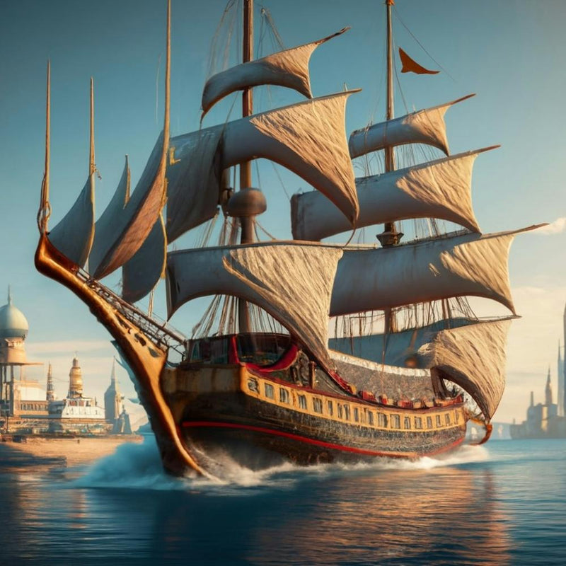 Xebec Ship Sailing On The Sea With Persian Town 3