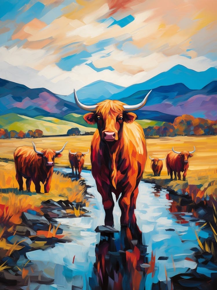 Highland Cows In The River