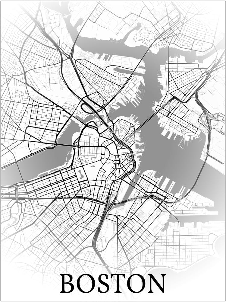 Boston, Massachusetts, United States, City Map, Black And White Fade Design 1