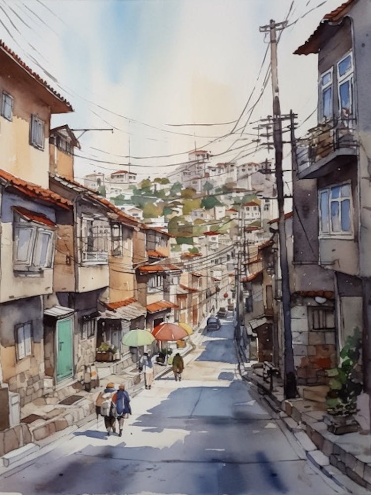 Painting Of Seoul South Korea In The Style Of Watercolour 4