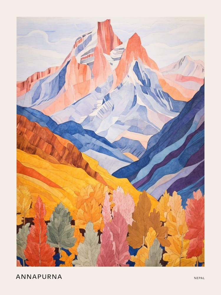 Annapurna Nepal 2 Colourful Mountain Illustration Poster