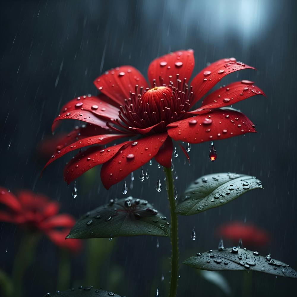 Red flower in rain