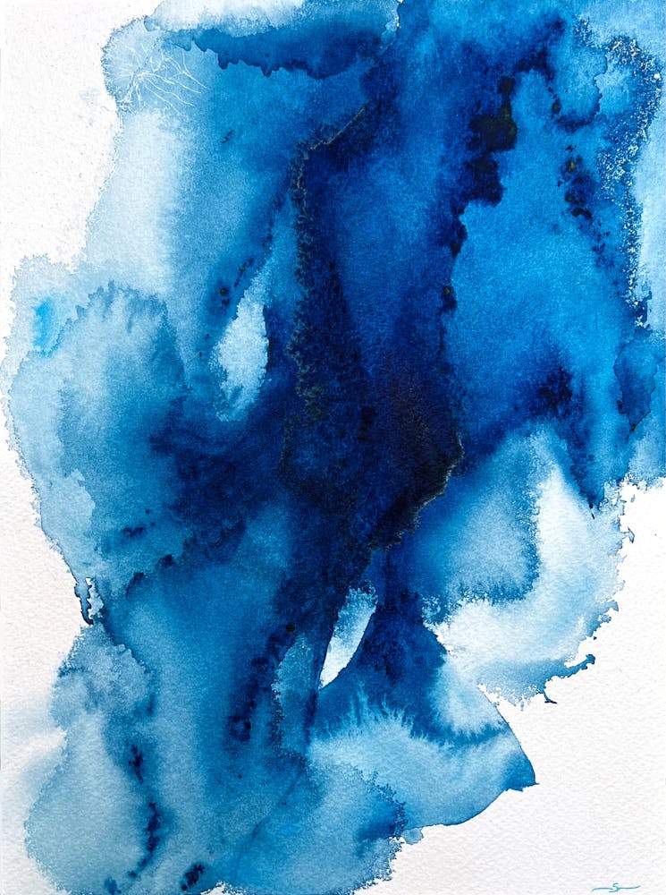 Blue Abstraction, Watercolor Painting on Paper