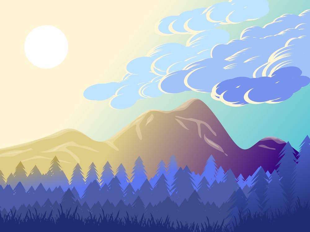 Mountains Forest Landscape Sky Clouds Sun Sunlight Glow Trees Mountain Range Environment Nature Scenery Scenic Minimalist Art