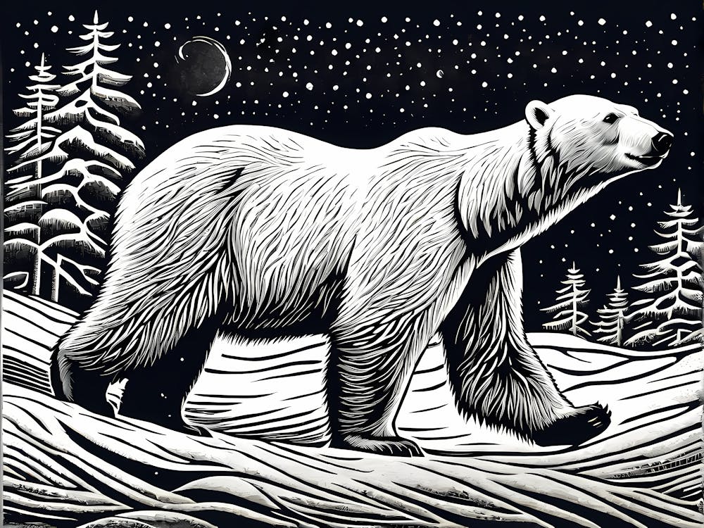 Polar Bear Cavorting In The Arctic Expanse Linocut Art, animal art, 168
