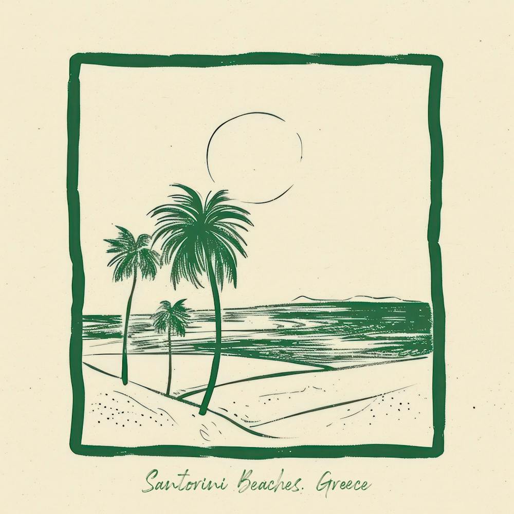 Santorini Beaches, Greece Green Line Art Illustration