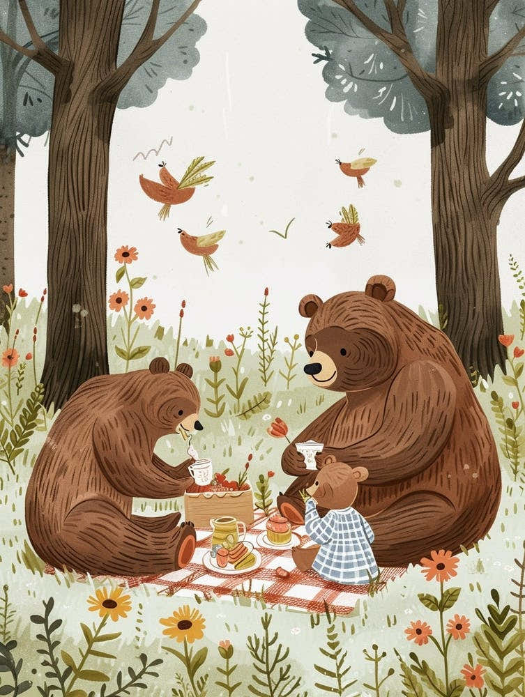 Brown Bear Family Picnicking In The Woods Storybook Illustration 4