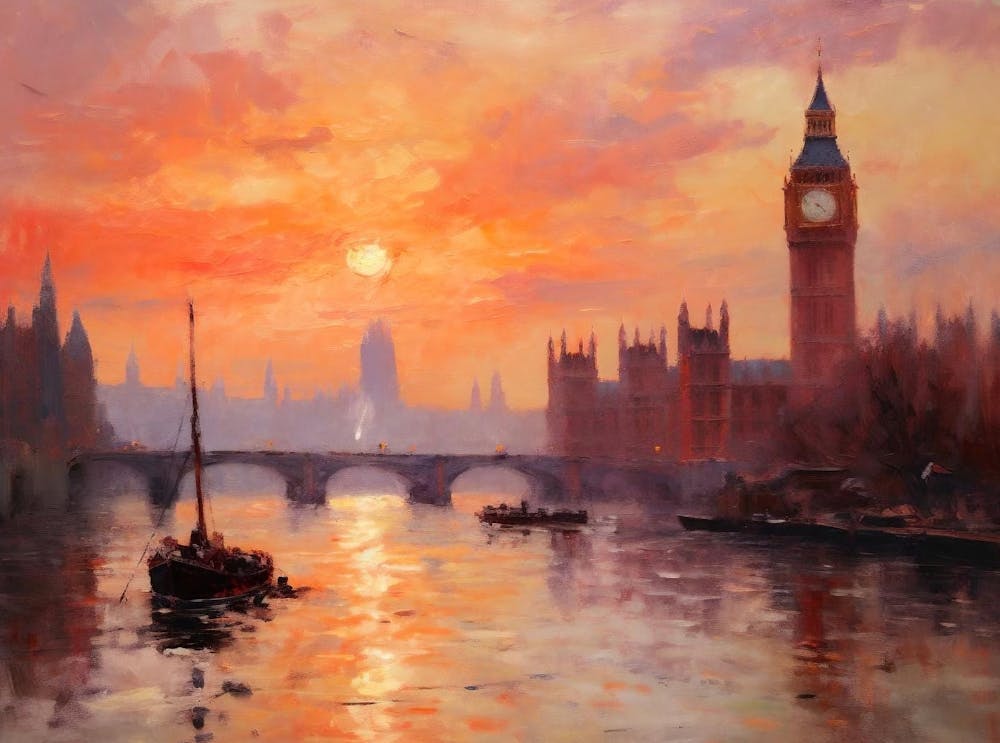 London Cityscape Print, Sunset Cityscape Art, Vintage Landscape Painting, European Architecture, Rustic Decor, Printable, Digital Download