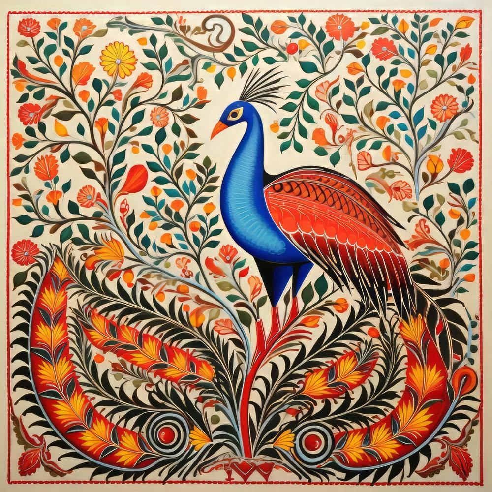 Peacock Madhubani Painting Indian Traditional Style