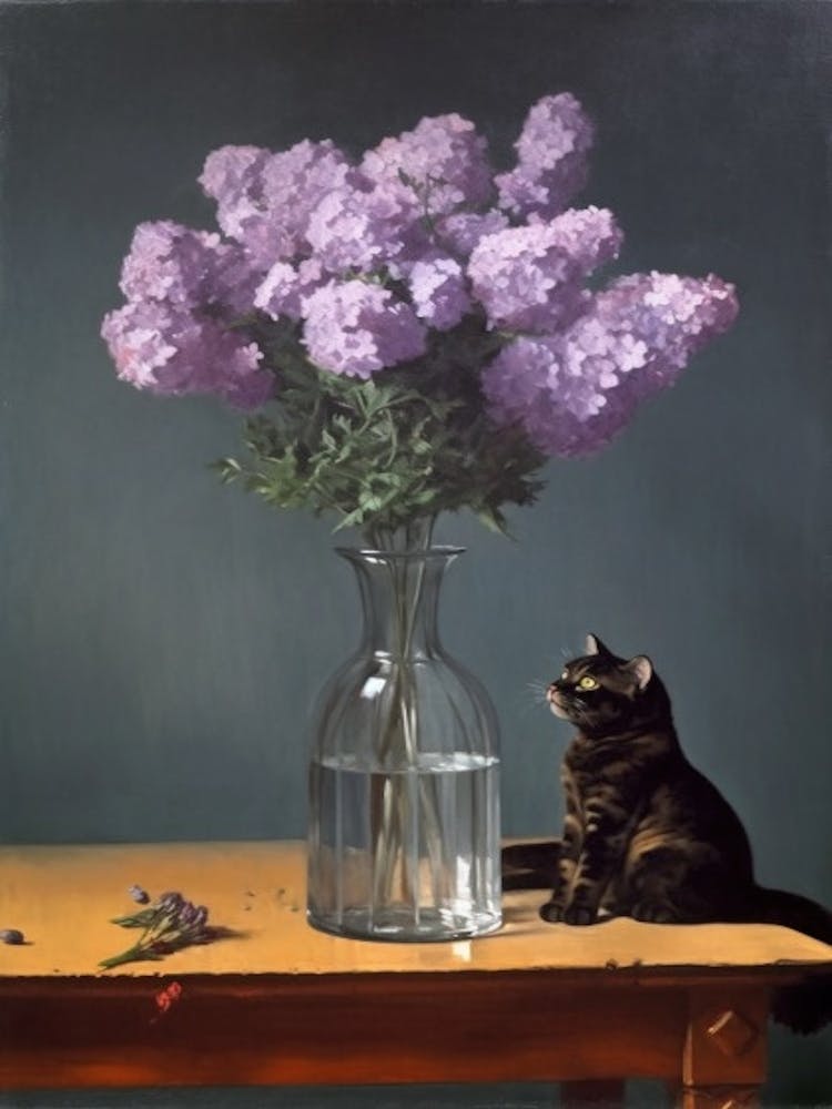 Painting Of A Still Life Of A Lilac With A Cat, Realism 2