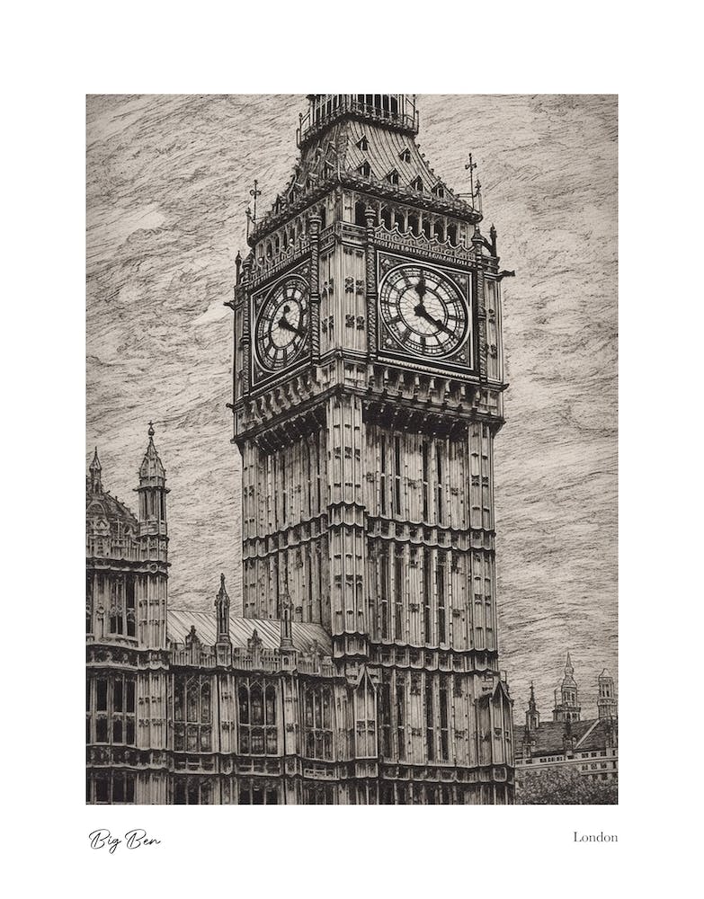 Big Ben London Pencil Sketch 2 Watercolour Travel Poster