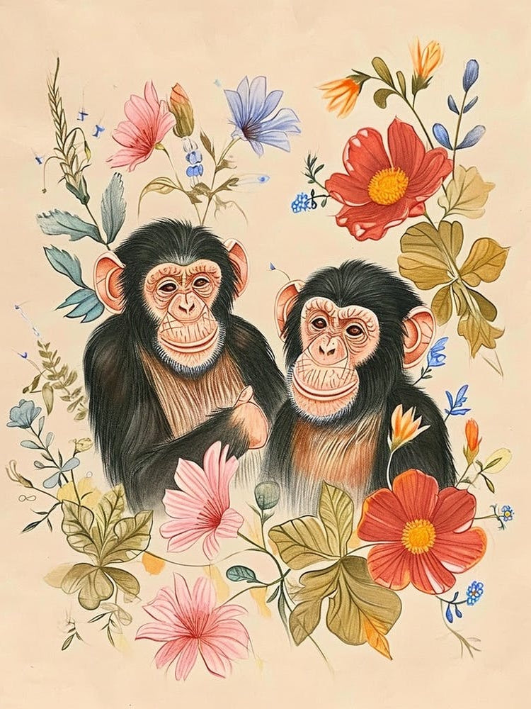 Folksy Floral Animal Drawing Chimpanzee 4