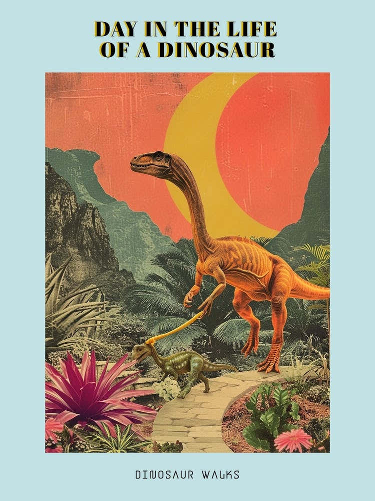 Dinosaur Walking A Dinosaur Retro Collage Poster
