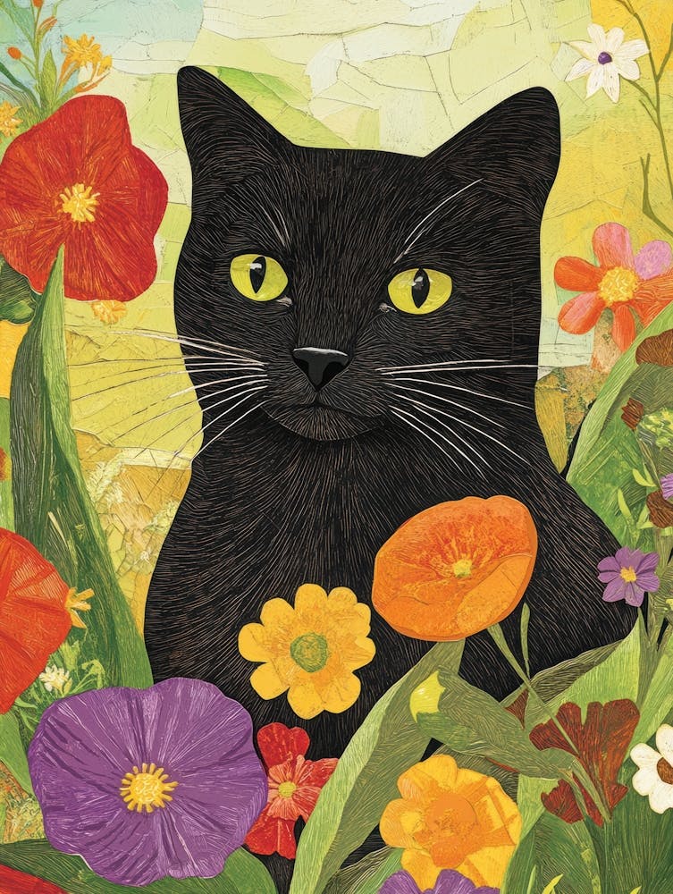 Schwarze Katze in Blumen 10