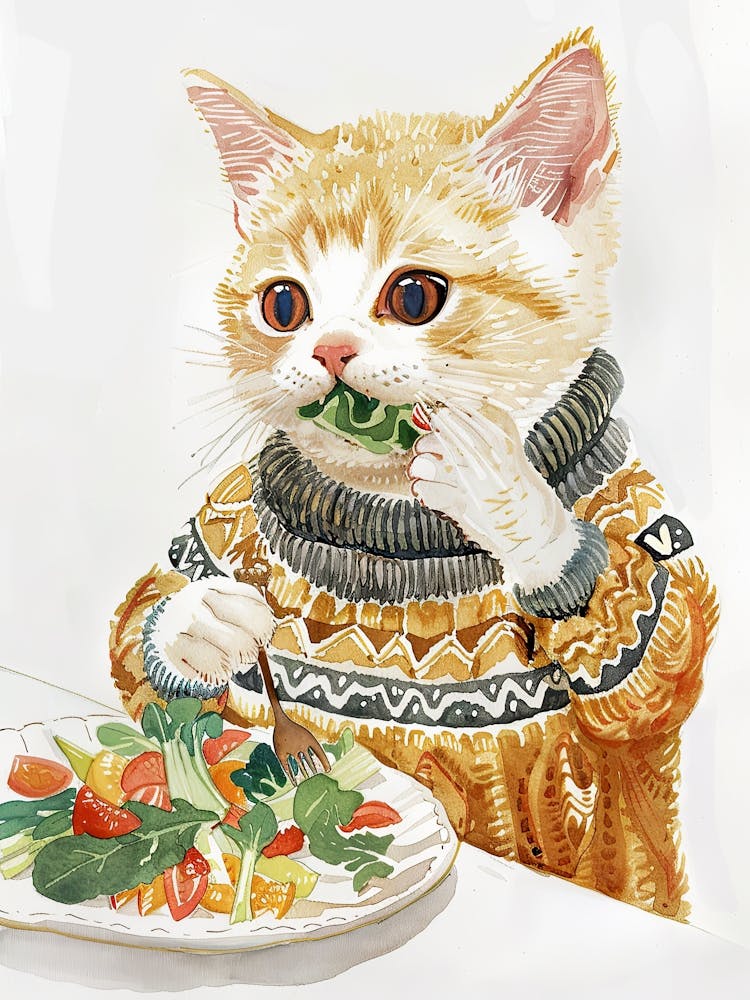 White Tan Cat Eating Salad Folk Illustration 4