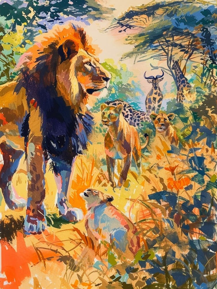Masai Lion Interaction With Other Wildlife Fauvist Painting 4