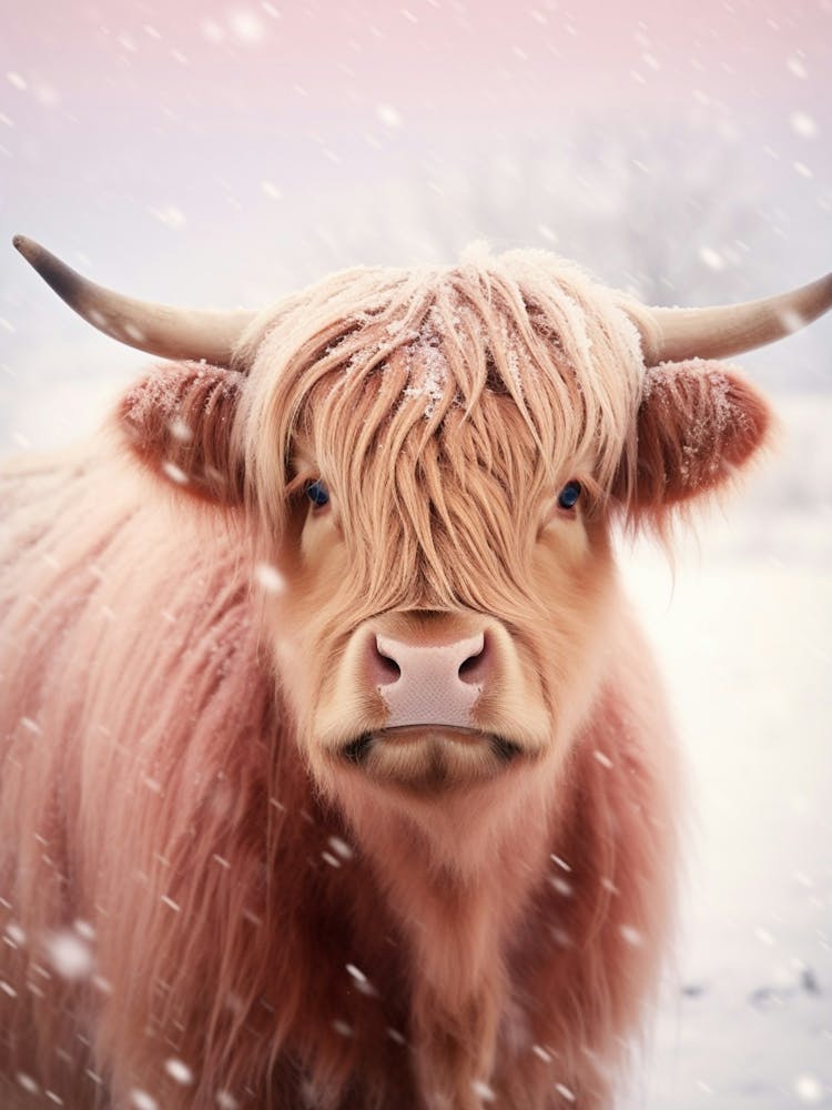 Highland Cow In The Snow Pink Filter Portrait 4