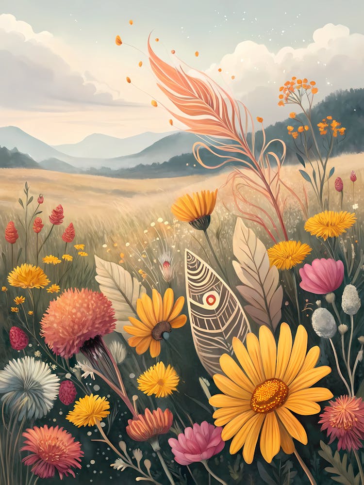 Oil Painting Style Bohemian Mountain Wildflowers Sunset Landscape with Feathers