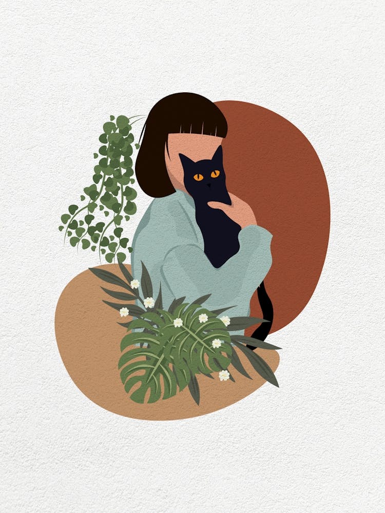 Minimal art Illustration Of A Woman Holding A Cat and plant