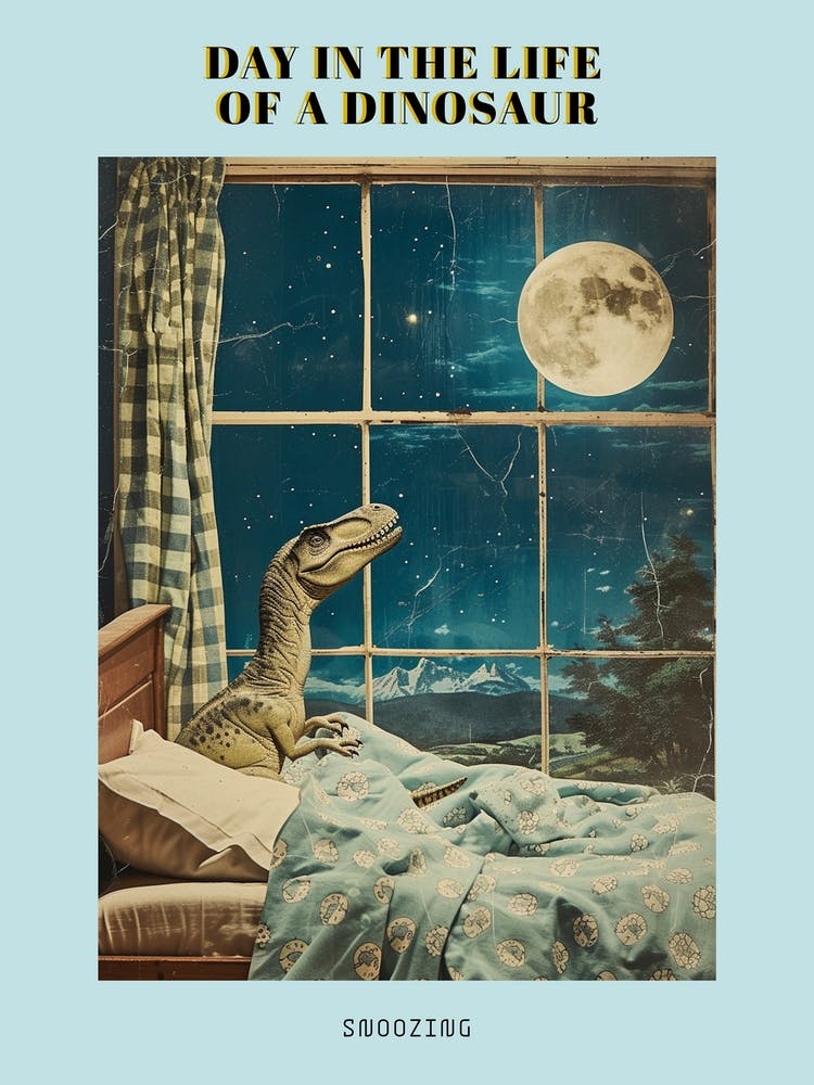 Dinosaur In Bed Retro Collage 2 Poster