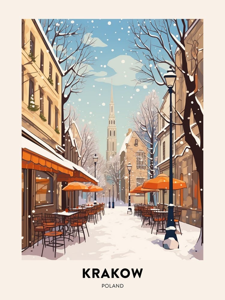 Vintage Winter Travel Poster Krakow Poland 1