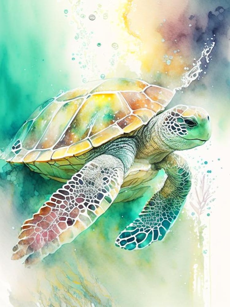 Entanglement Sea Turtle, Sea Turtle Storybook Watercolours 1