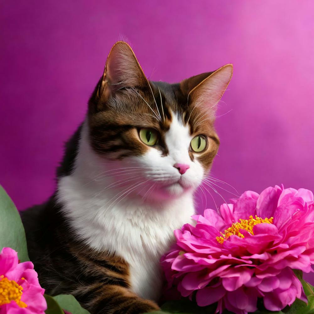 Cat With Flowers Pink and Fuchsia