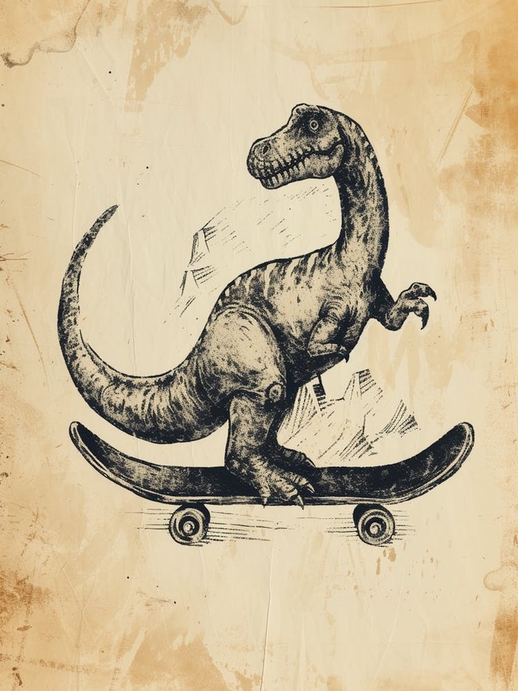 Vintage Edmontosaurus Dinosaur On A Skateboard 1