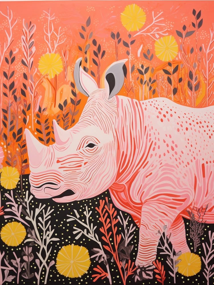 Abstract Linocut Inspired Orange Rhino 1