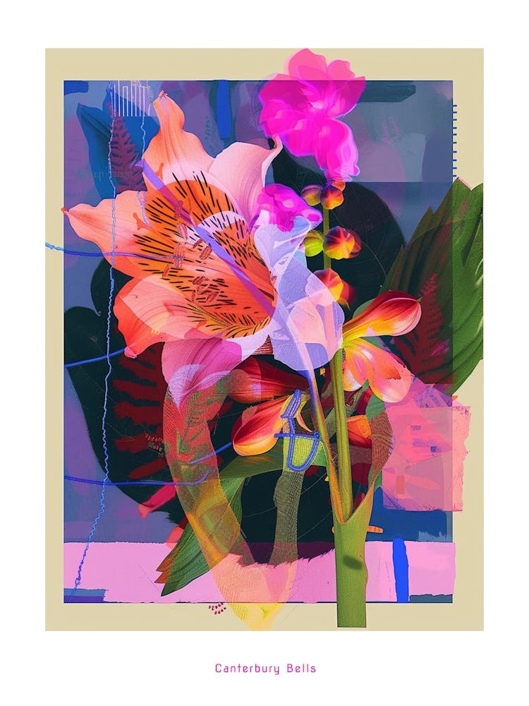 Canterbury-Glockenblumen 3 Neon Blumen Collage Plakat