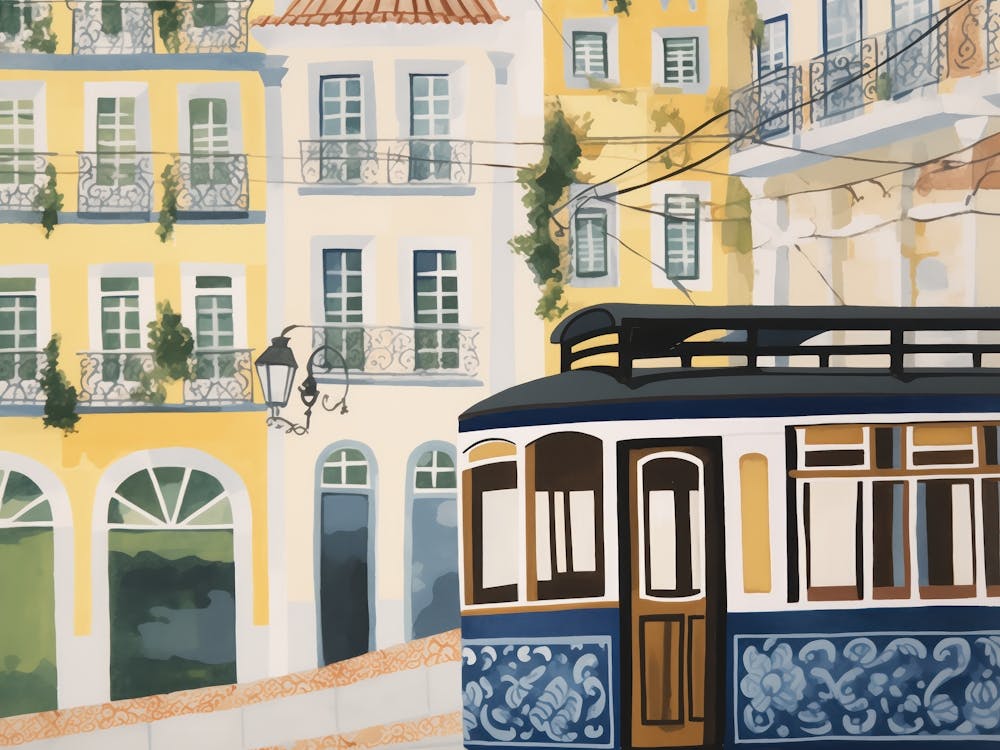 Lisbon Tram Landscape Watercolour