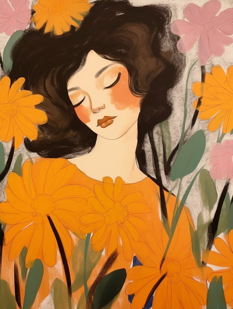 Woman With Autumnal Flowers Marigold 3