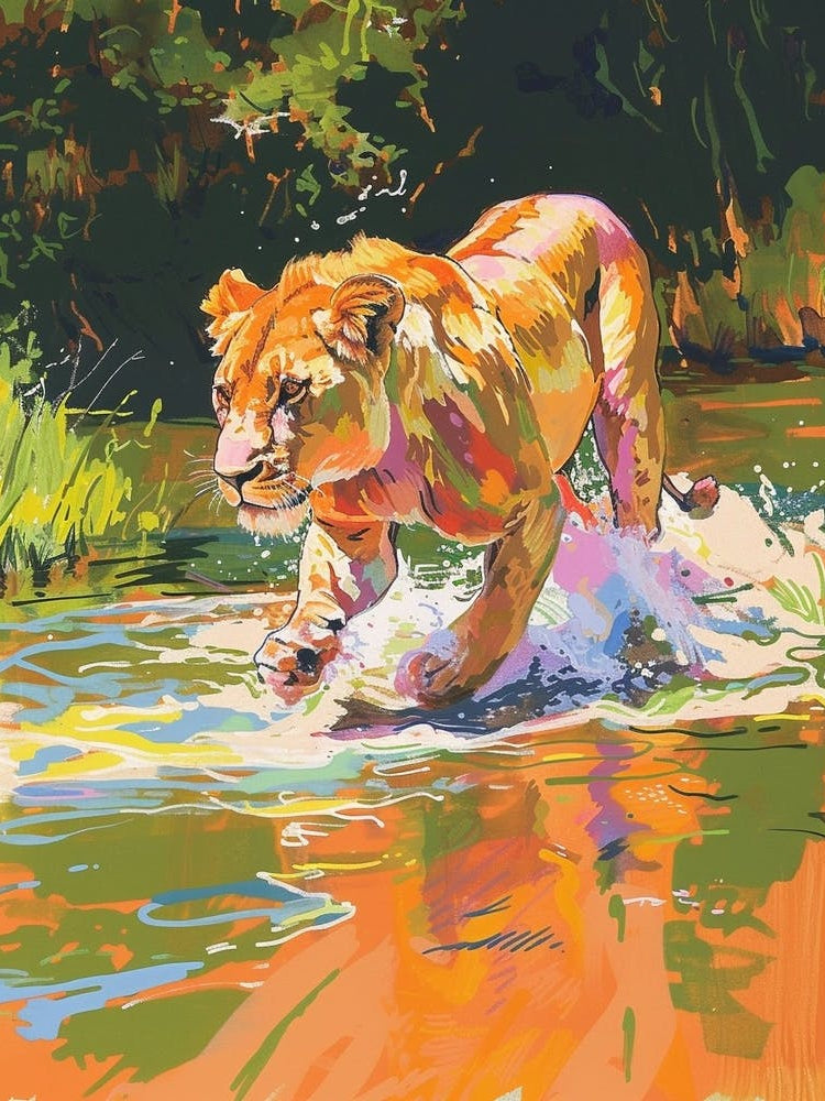 Transvaal Lion Crossing A River Fauvist Painting 1