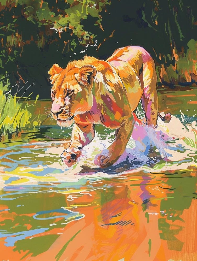 Transvaal Lion Crossing A River Fauvist Painting 1