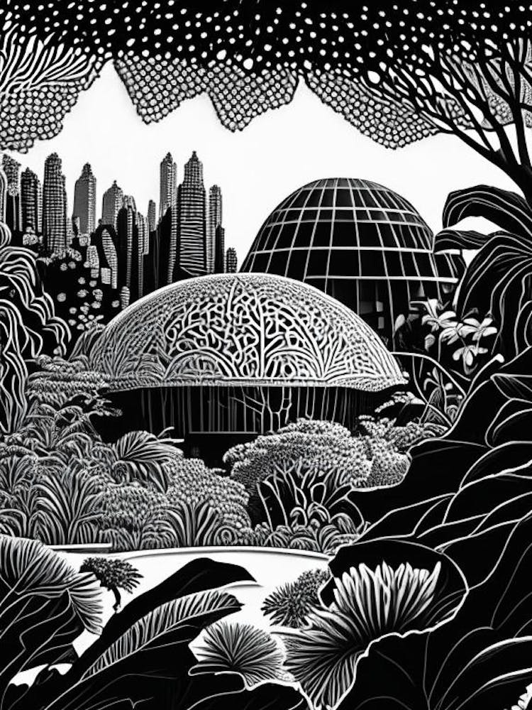 Gardens By The Bay, 1, Singapore Linocut Black And White Vintage