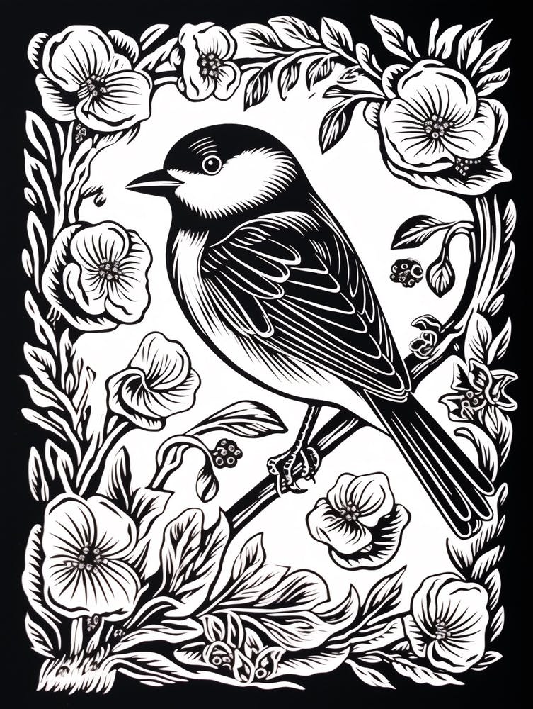 B&W Bird Linocut Carolina Chickadee 1