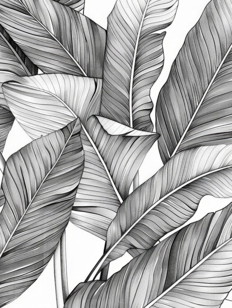Black And White Drawing Of Banana Leaves