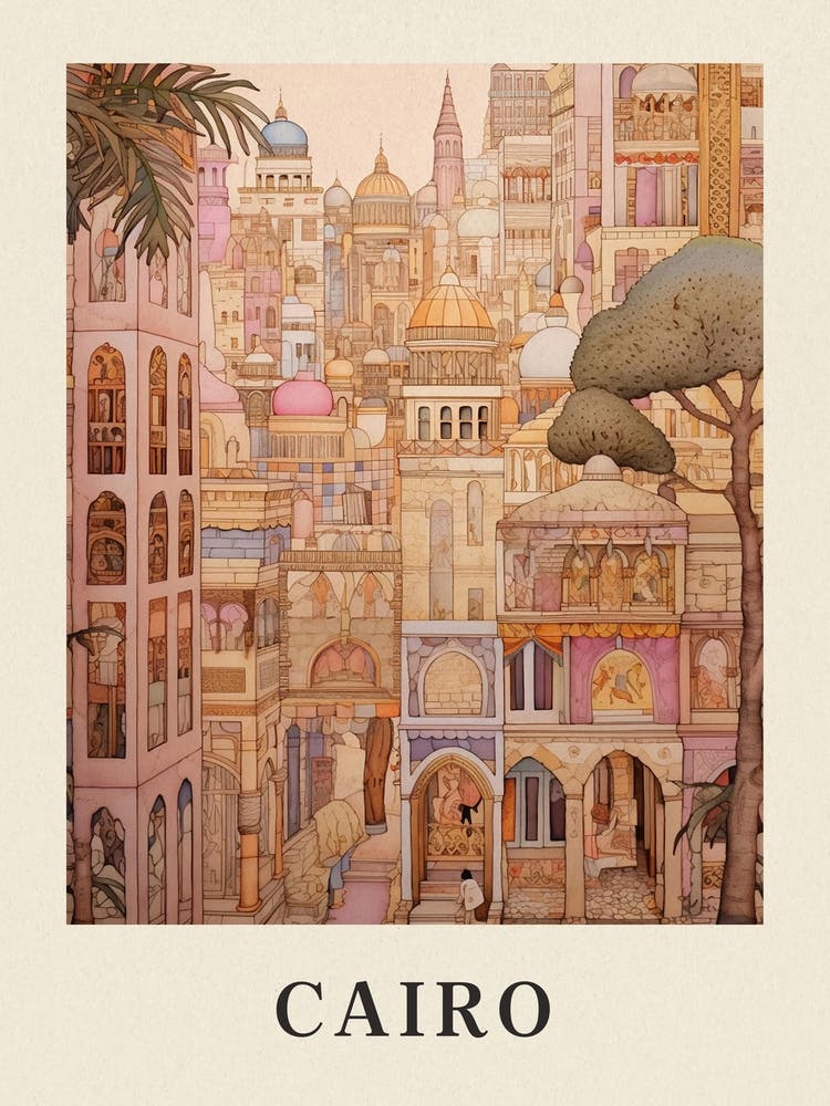 Cairo Egypt 2 Vintage Pink Travel Illustration Poster