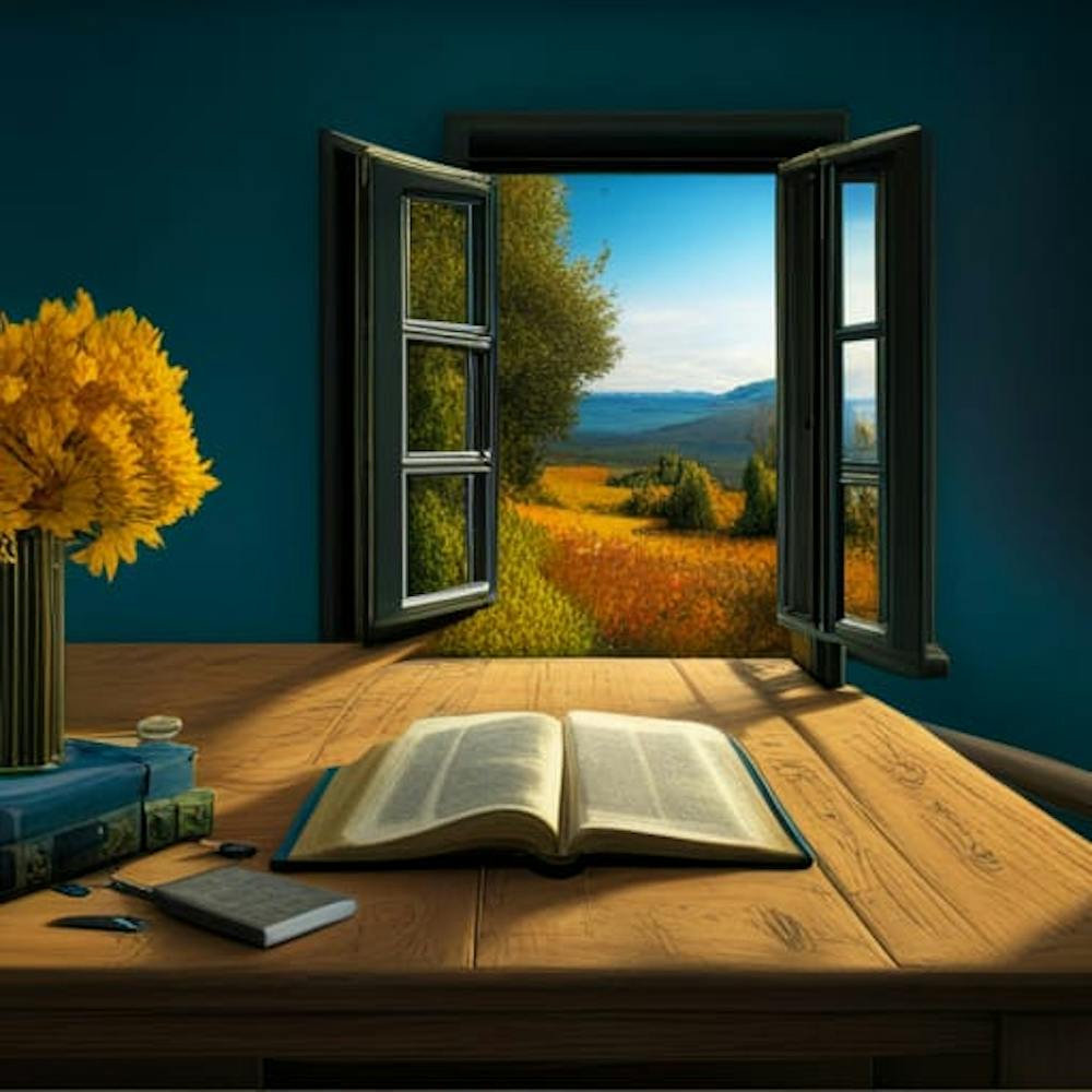 Fenêtre Ouverte Avec Livre Et Fleurs