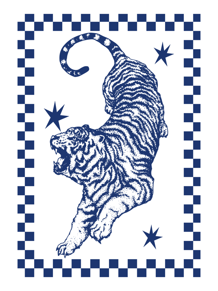 Tiger | Retro Tiger with Checkerboard Border