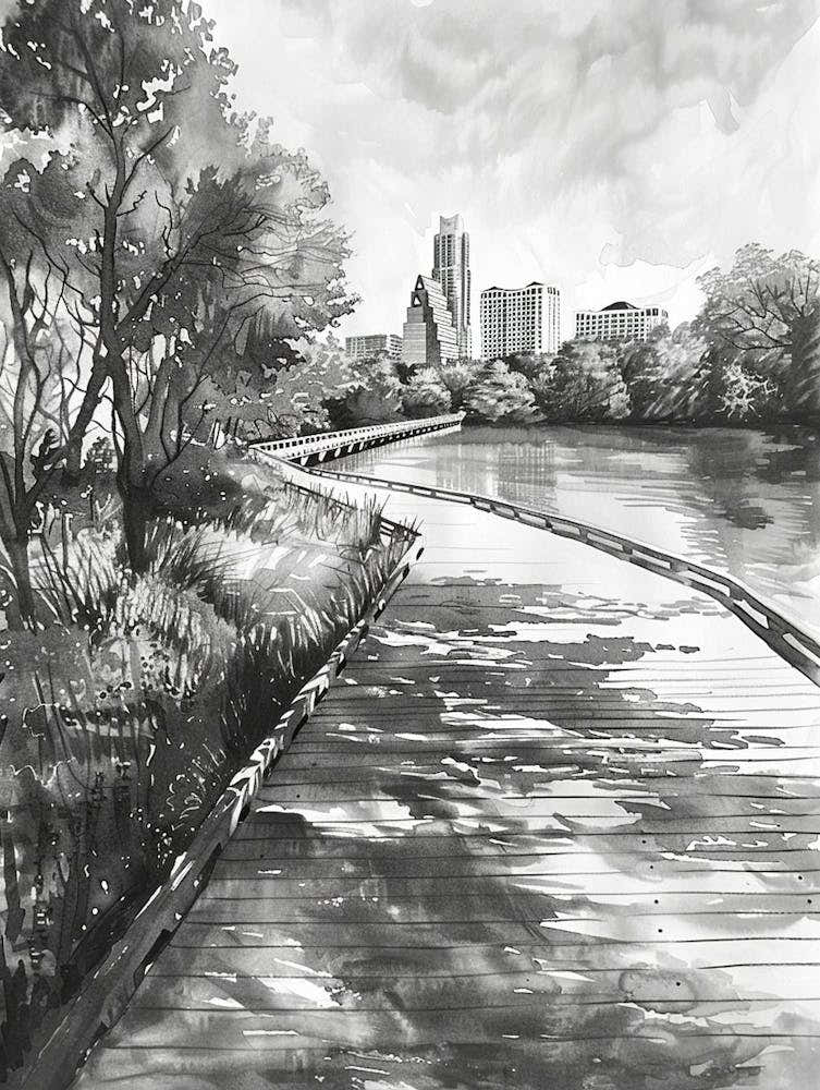 Lady Bird Lake And The Boardwalk Austin Texas Black And White Watercolour 3